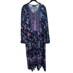 Lane Bryant Maxi Dress Blue Colorful Floral Paisley Long Sleeve Women’s Size‎ 20